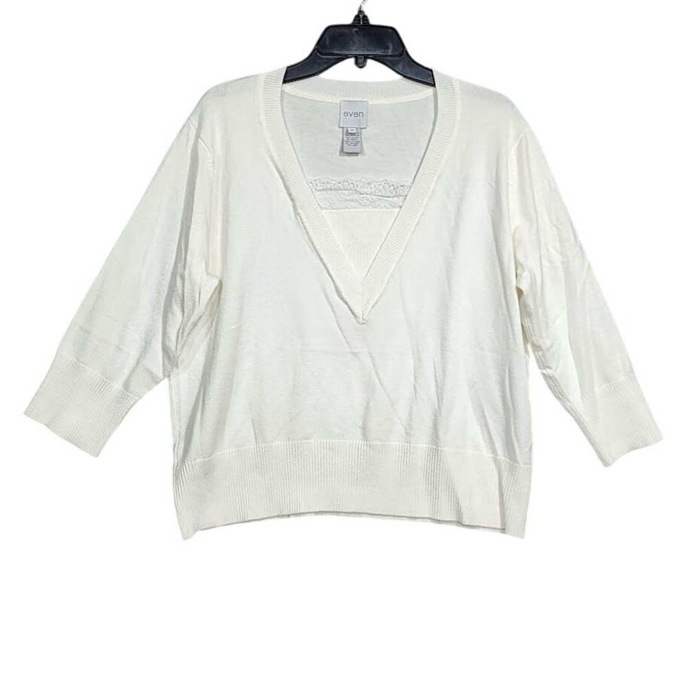 Even Sweater 1X Off‎ White V Neck Lace Trim 3/4 Sleeve Knit Plus Size Classic